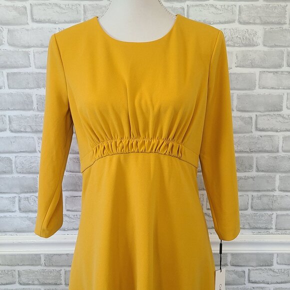 Calvin Klein Yellow A-line Dress Cinched Empire Waist NEW 14 Career Quiet Luxury - Picture 2 of 9